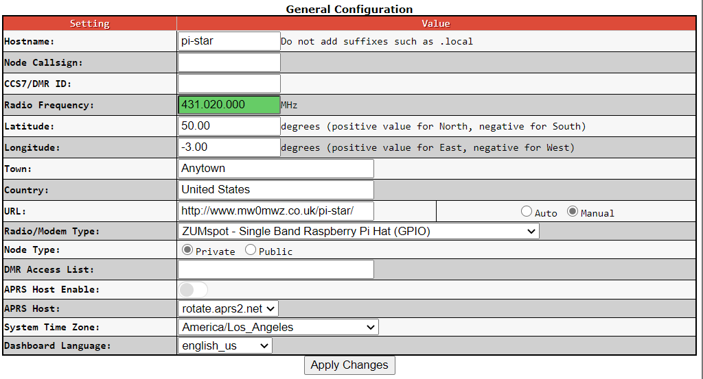 General Configuration Screen under Configuration Page.